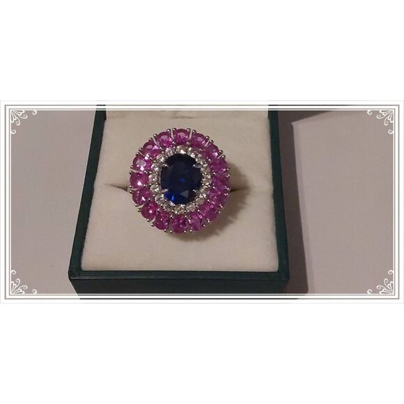 Stunning 5.54 Ct. Oval & Round Lab Blue~Pink & White Sapphire Gemstone Ring #8 - Picture 1 of 5